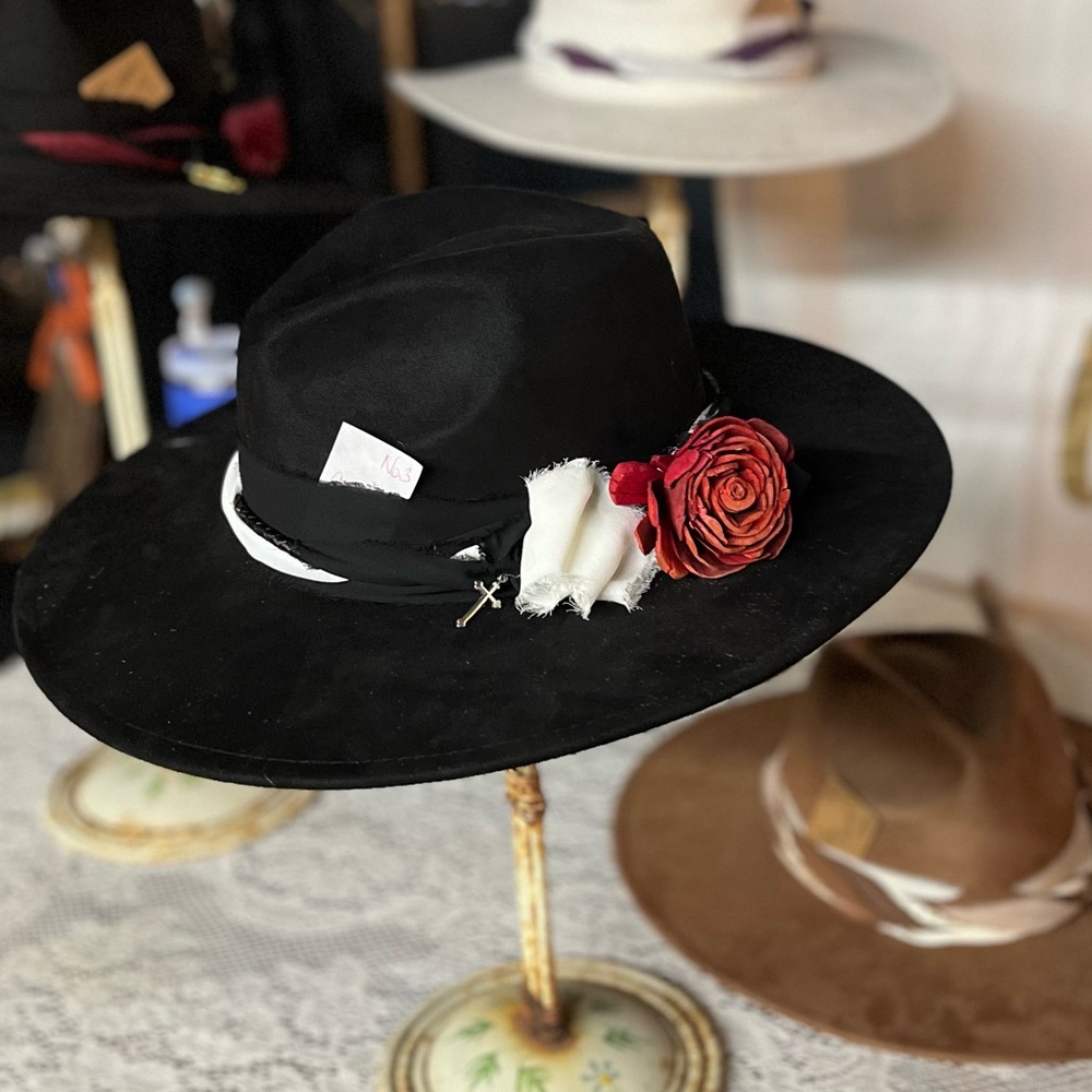 Custom Black Hat with Red Rose Accent